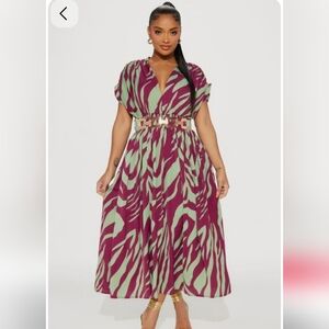 Women's V-Neck Zebra Print Midi Dress - Green & Plum